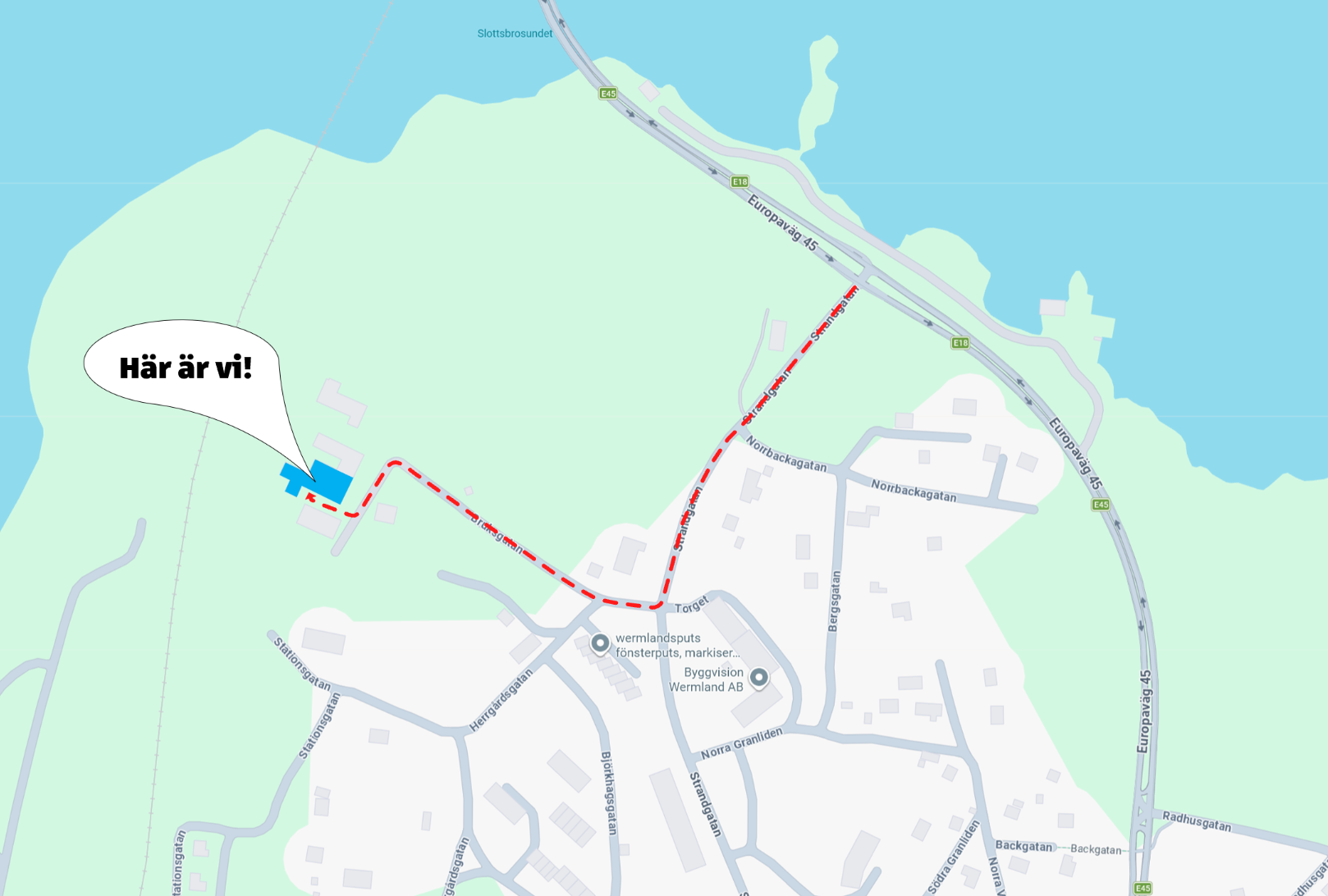 Karta som visar vägen till Maskinteknik i Värmland på Bruksgatan 4 i Slottsbron